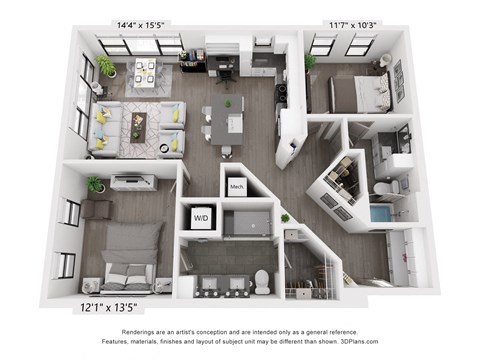 Floor plan for 2 beds, 2 baths, 1221 sqft